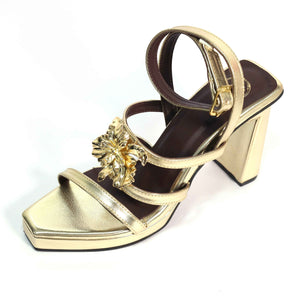 Zeno Gold Open Toe Faux Leather Block Heels for Women