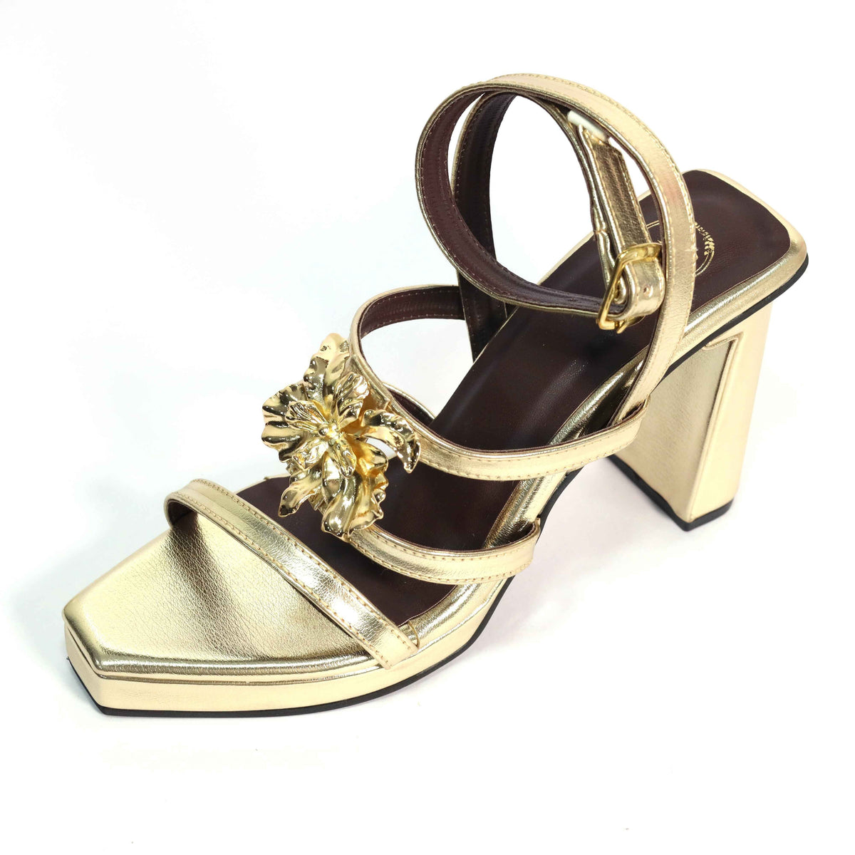 Zeno Gold Open Toe Faux Leather Block Heels for Women