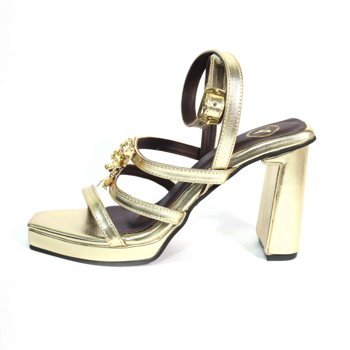Zeno Gold Open Toe Faux Leather Block Heels for Women