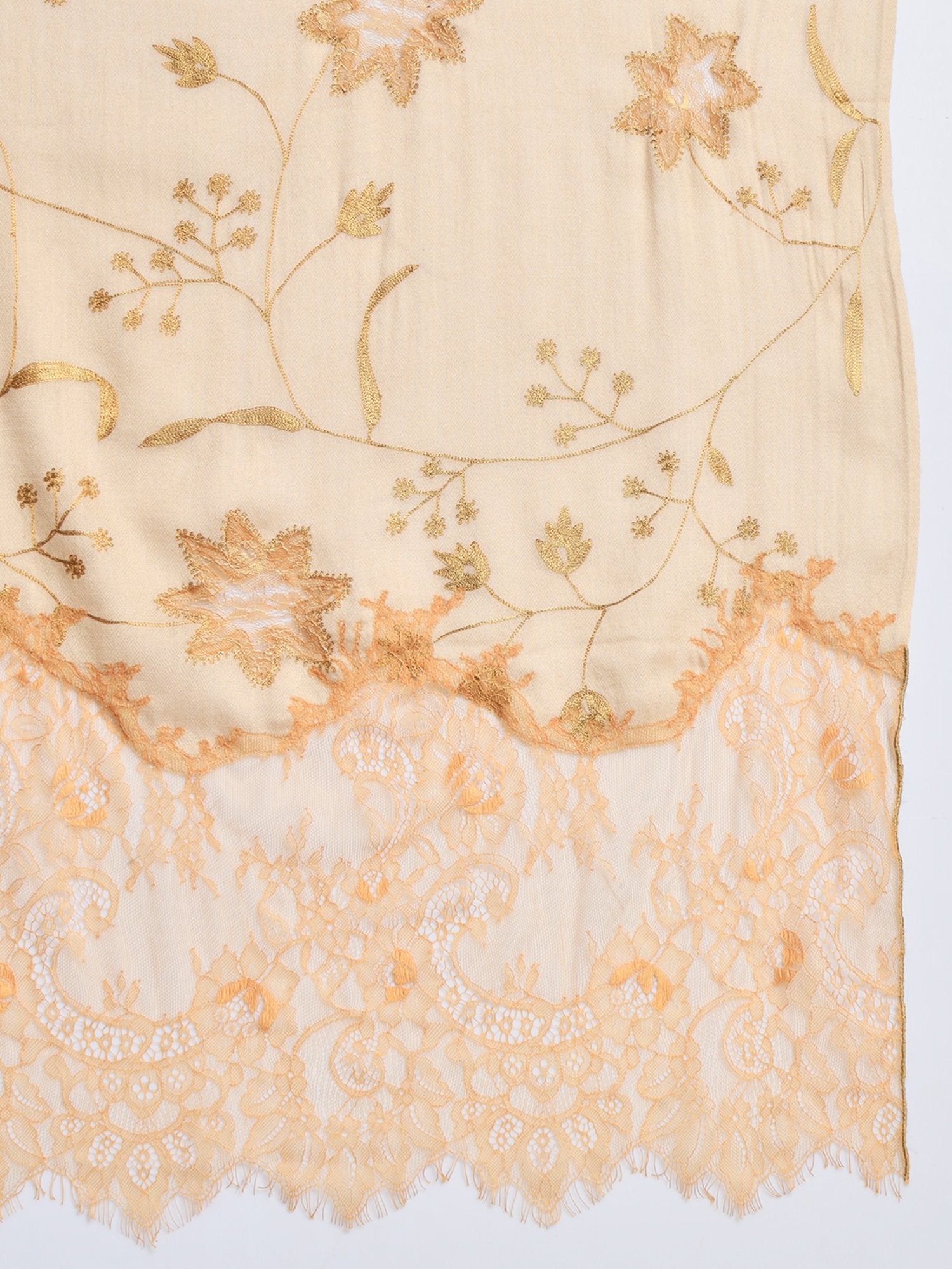 Biege Shawl For Women With Lace And Floral Cutwork Pattern