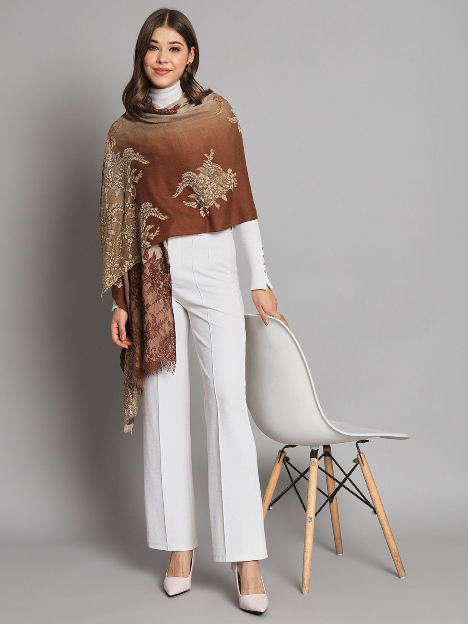 Ombre Brown Shawl Withlace And Swarovski