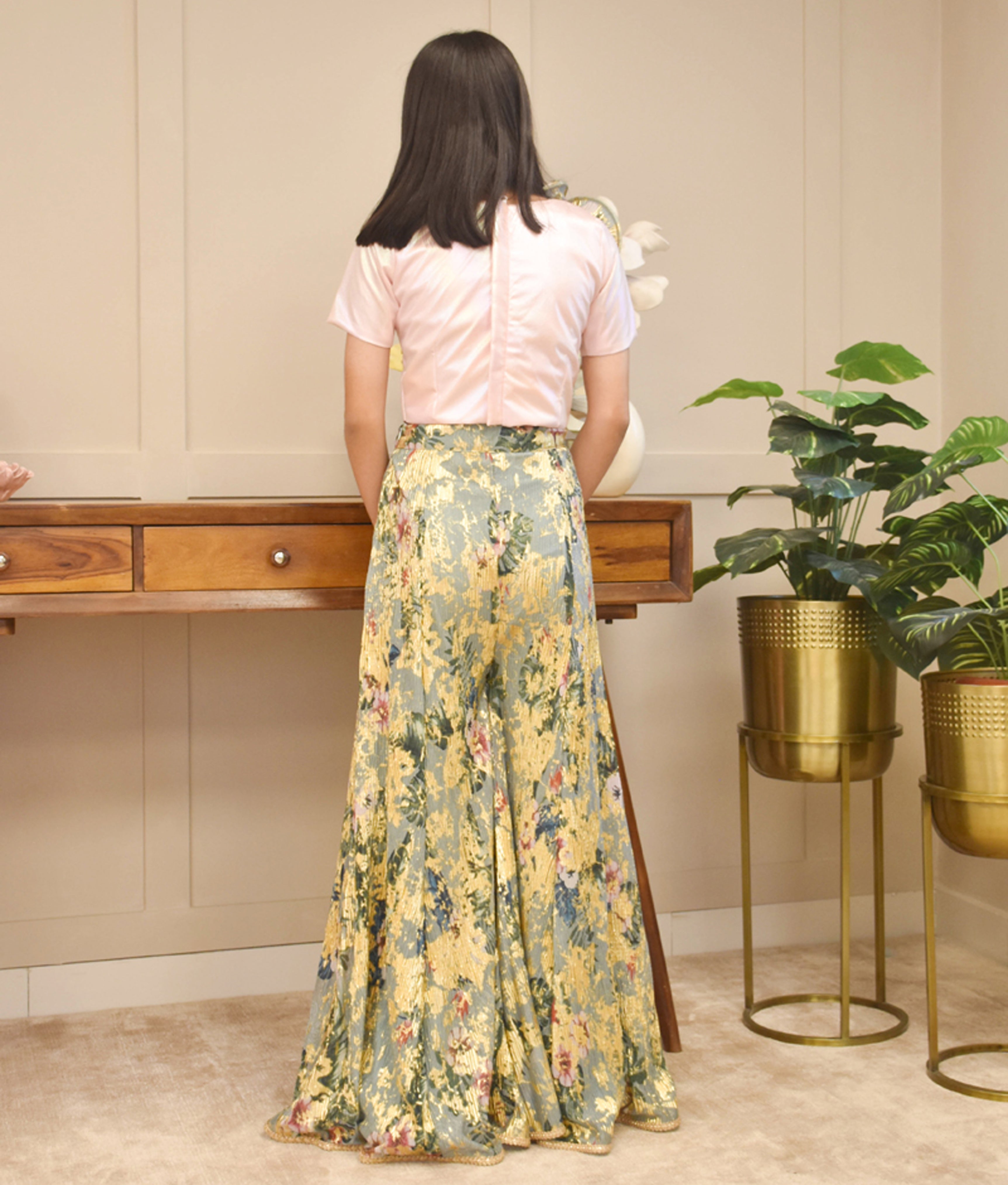 Baby Pink Crop Top with Printed Pant