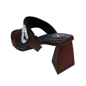 Brown Open Toe Leather Dazzle Mocha Block Heel