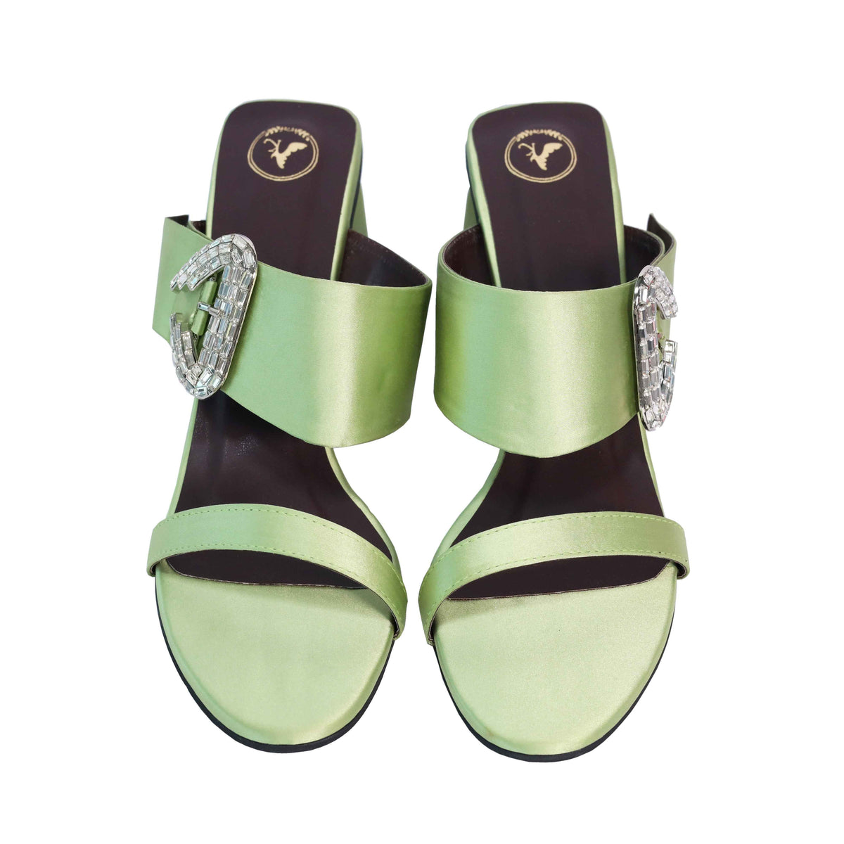 Green Open Toe Faux Leather Dazzle Pistacio Block Heel
