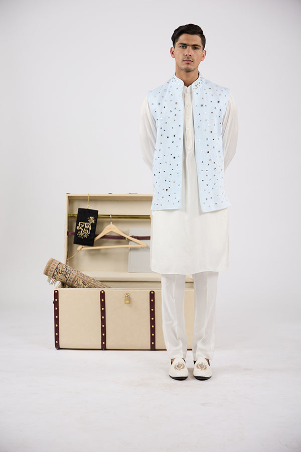 Light Blue Broken Mirror Nehru Jacket Set