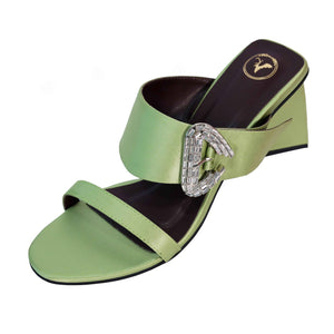 Green Open Toe Faux Leather Dazzle Pistacio Block Heel