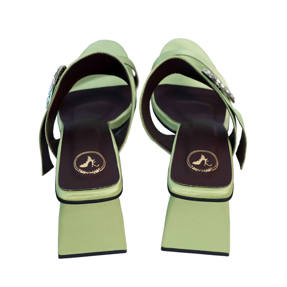 Green Open Toe Faux Leather Dazzle Pistacio Block Heel