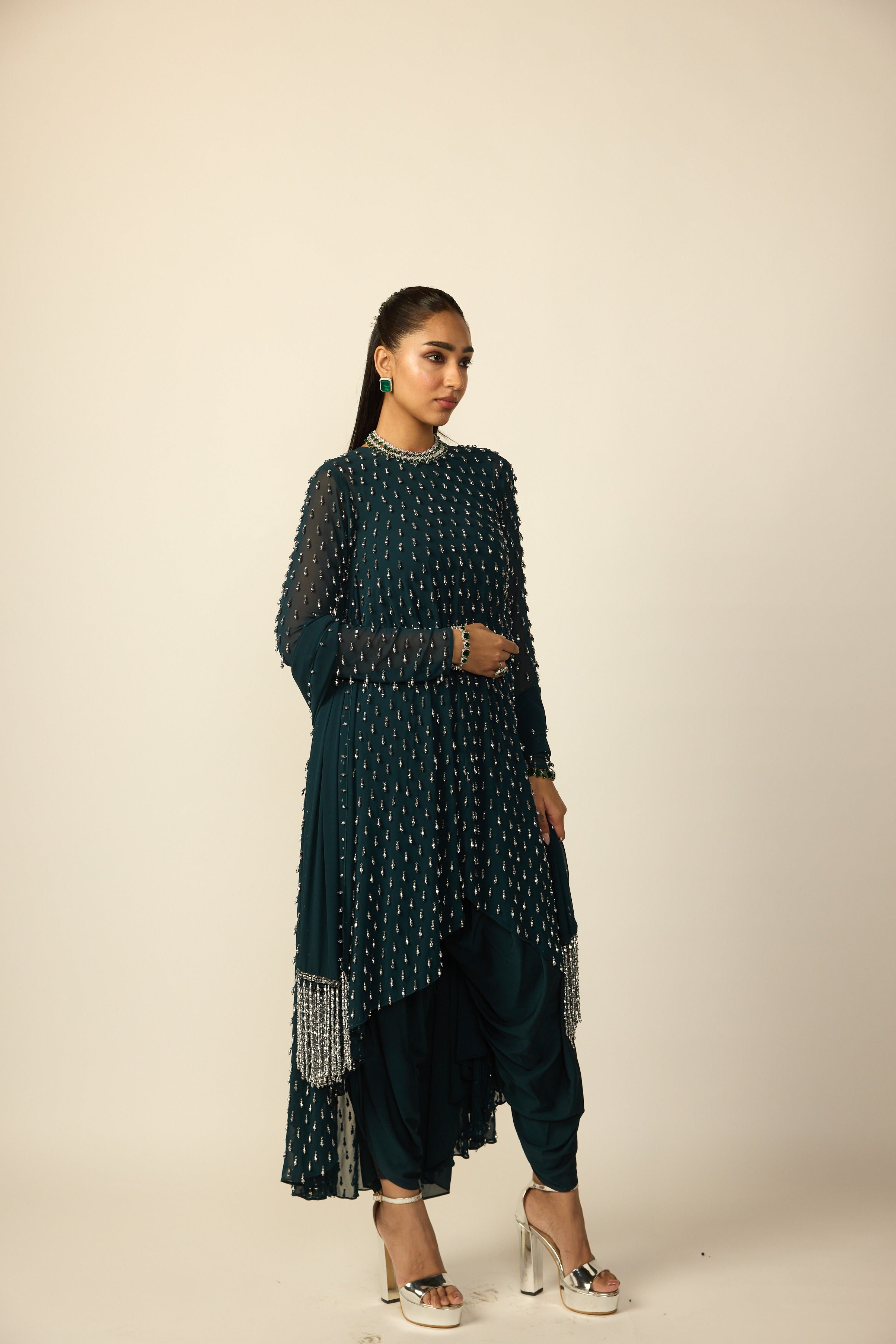 Dark Teal Silver Drop Kurta With Stole