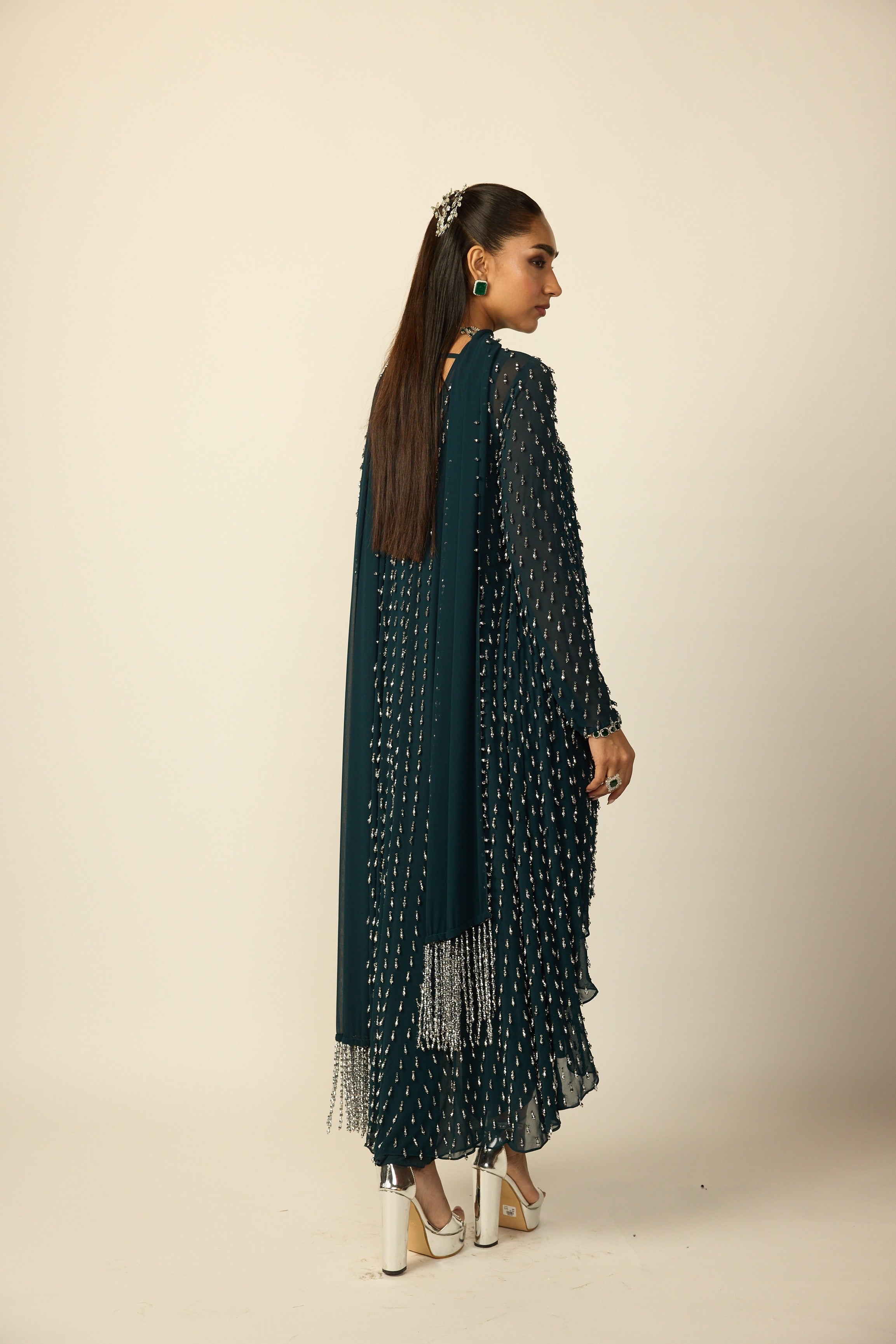 Dark Teal Silver Drop Kurta With Stole