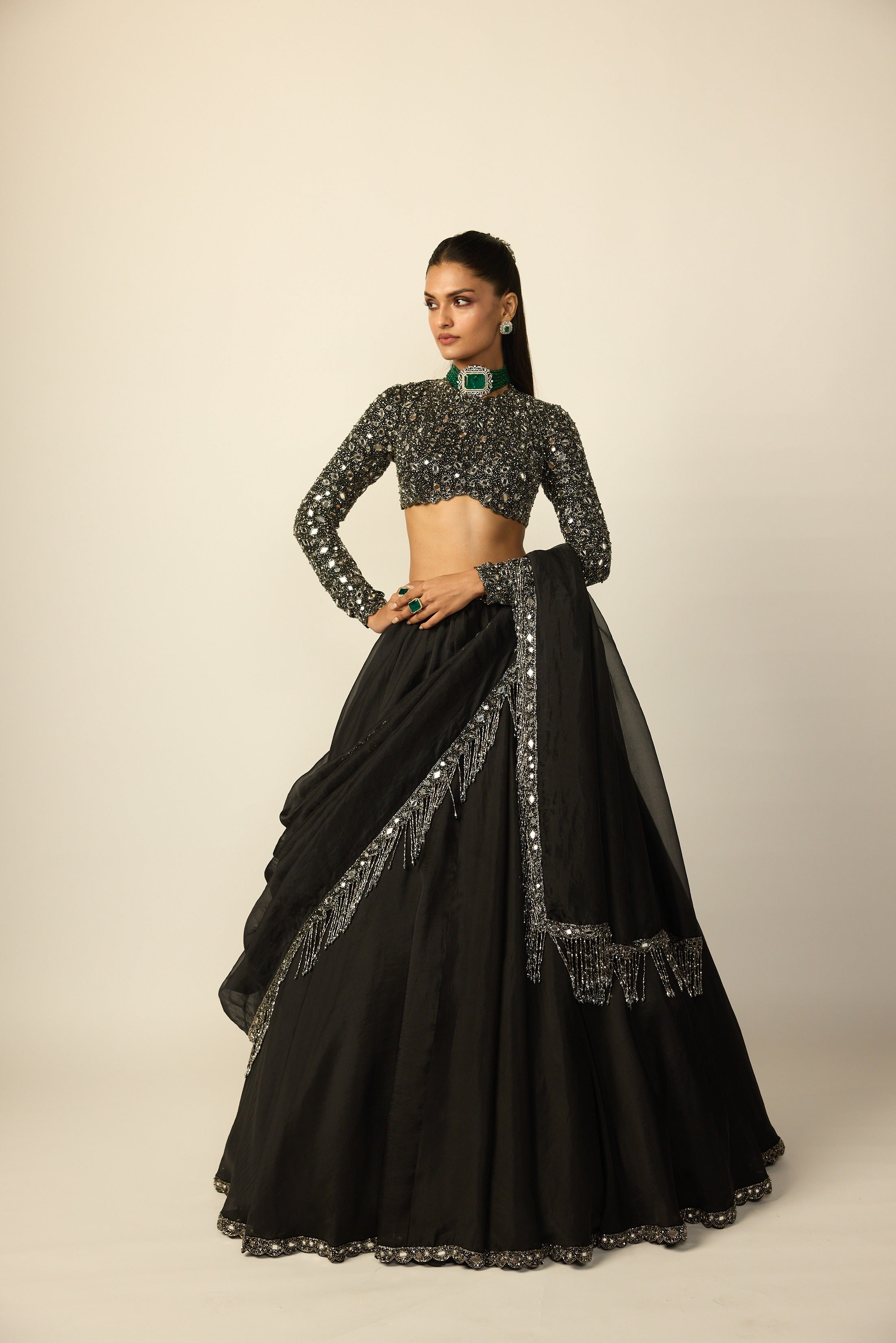 Black Tassel Dupatta Lehenga Set