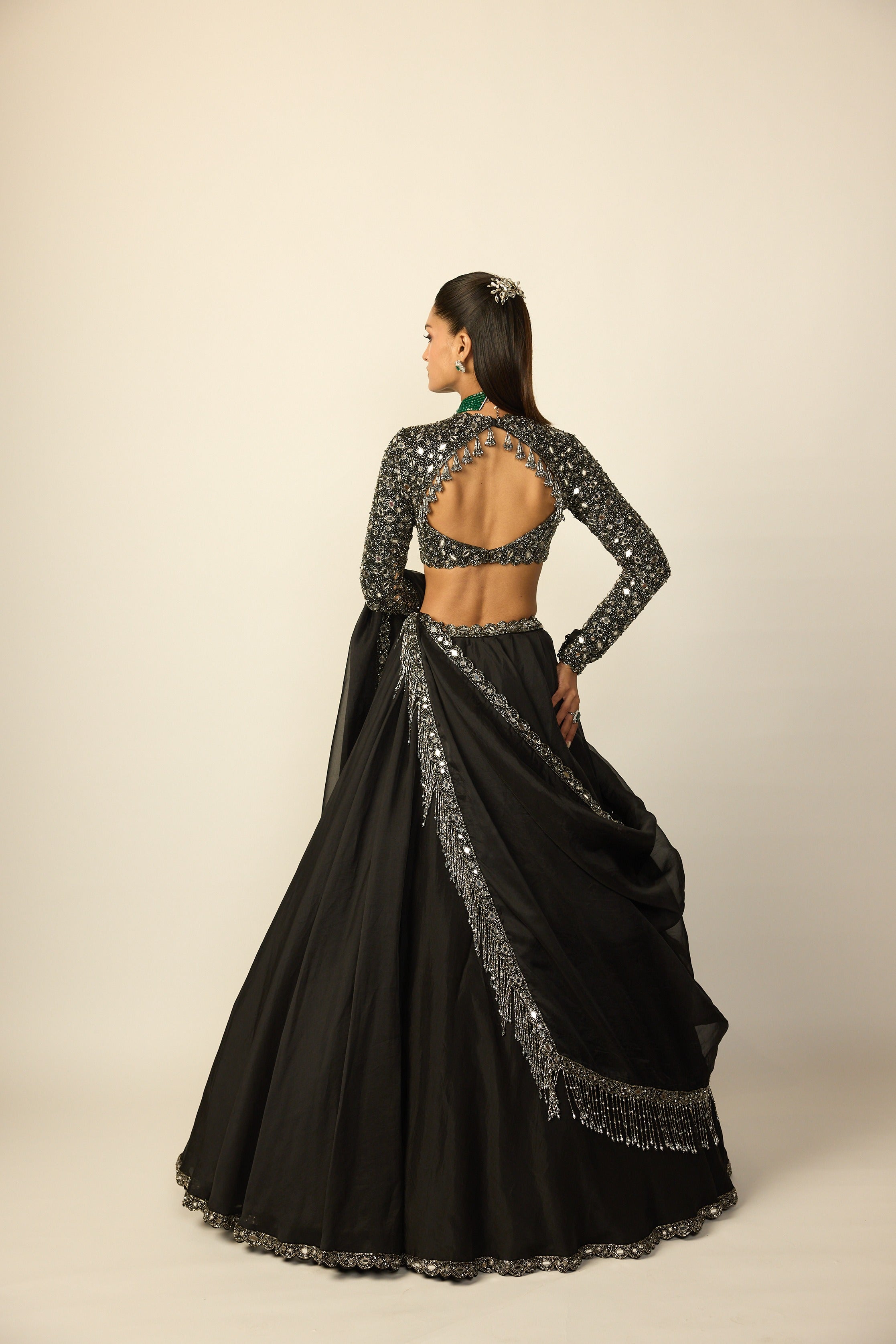 Black Tassel Dupatta Lehenga Set