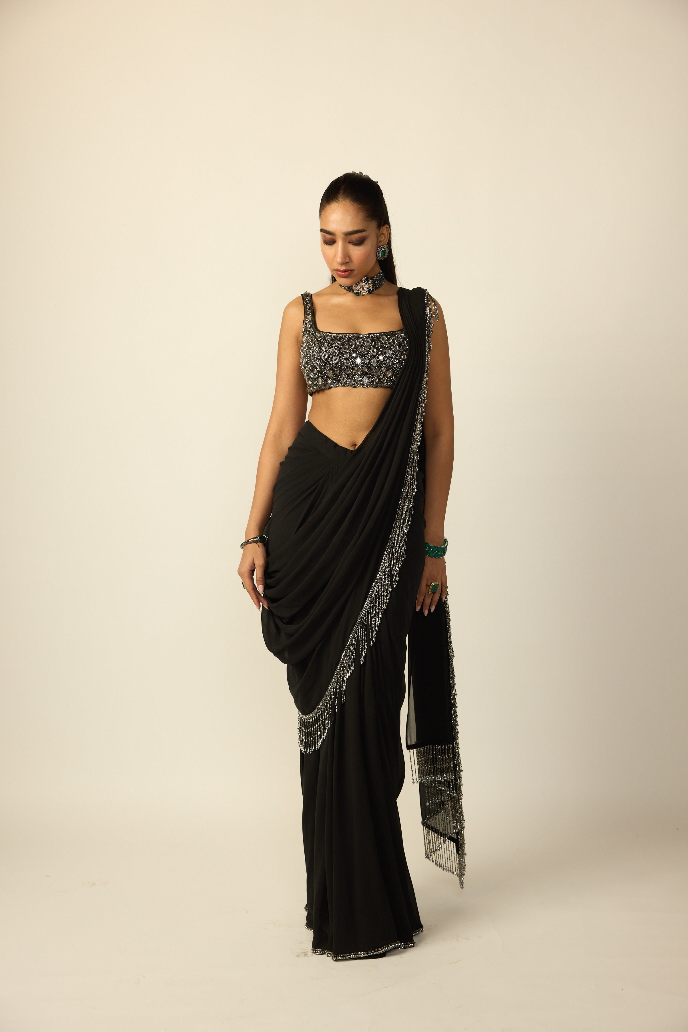 Black Georgette Tassel Saree