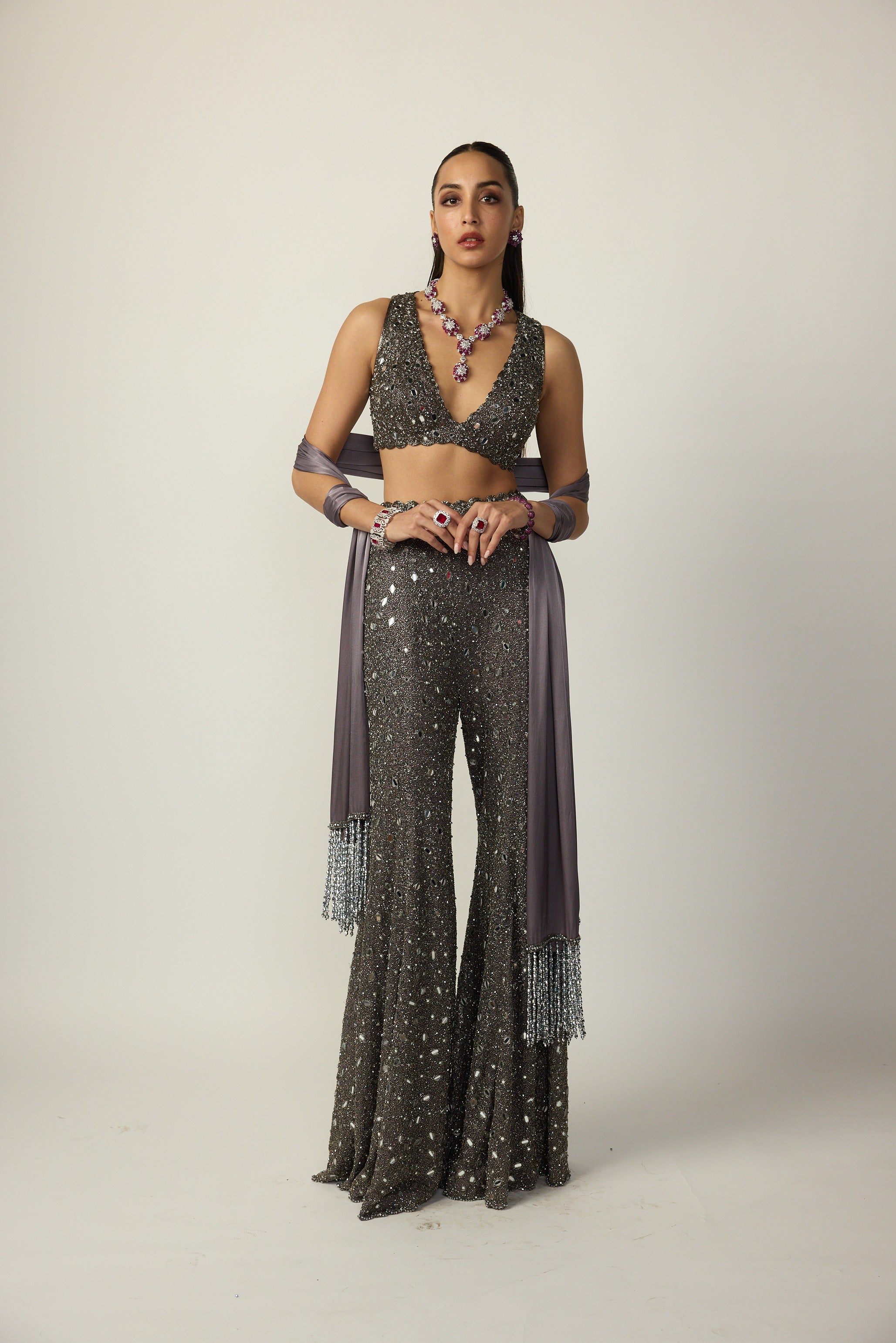 Metallic Grey Sharara Pant Set