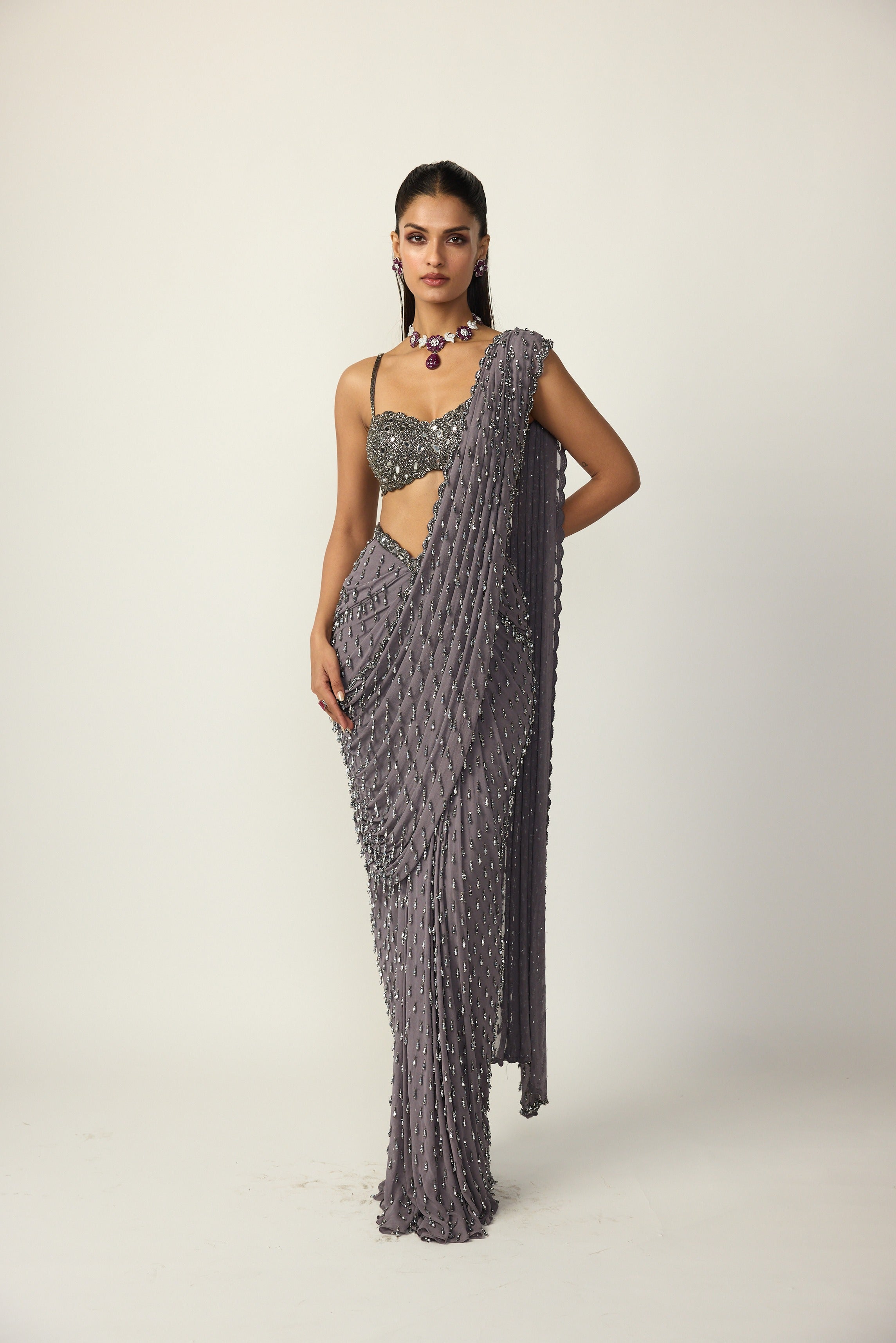Metallic Grey Single Drop Draped Saree Set