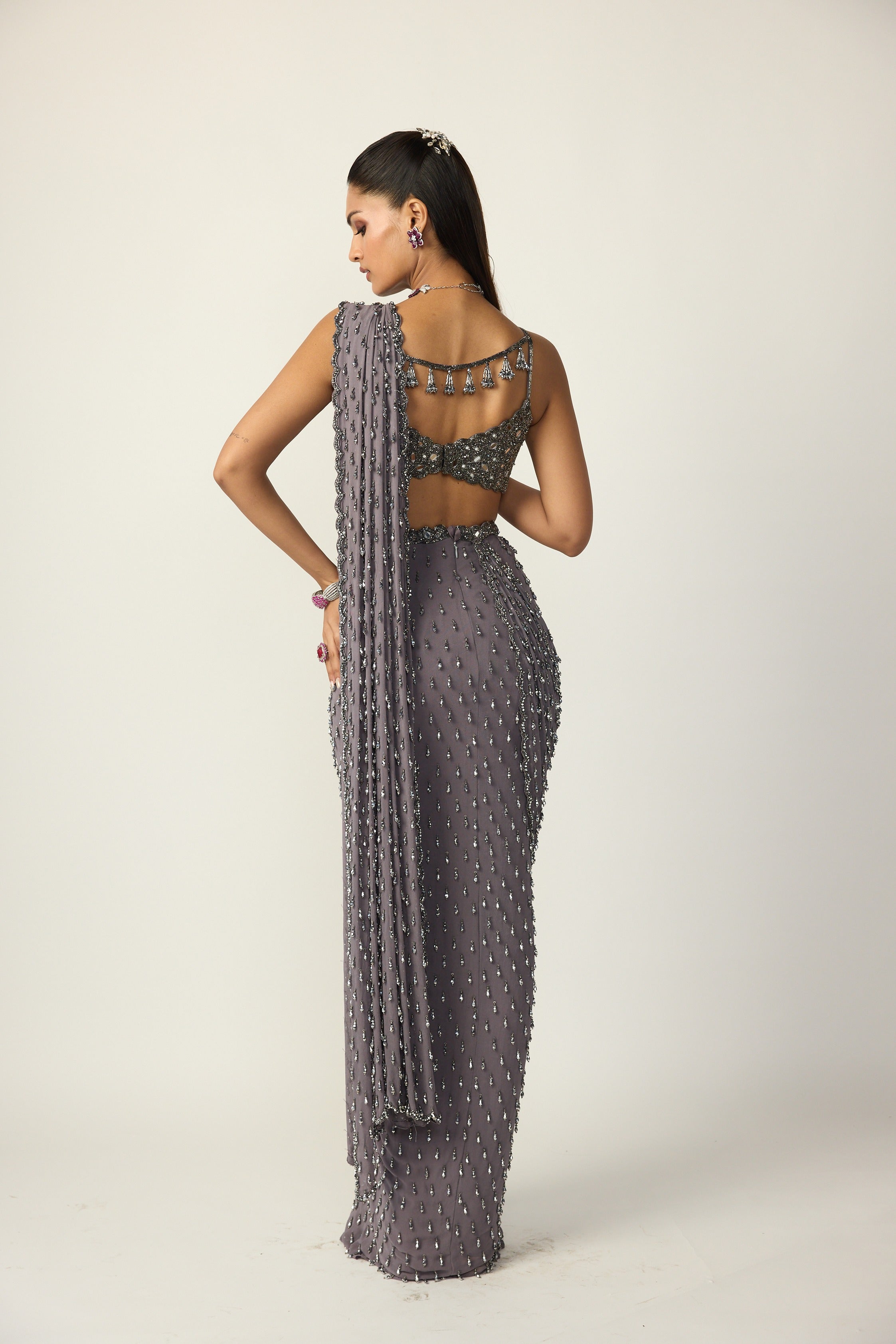 Metallic Grey Single Drop Draped Saree Set