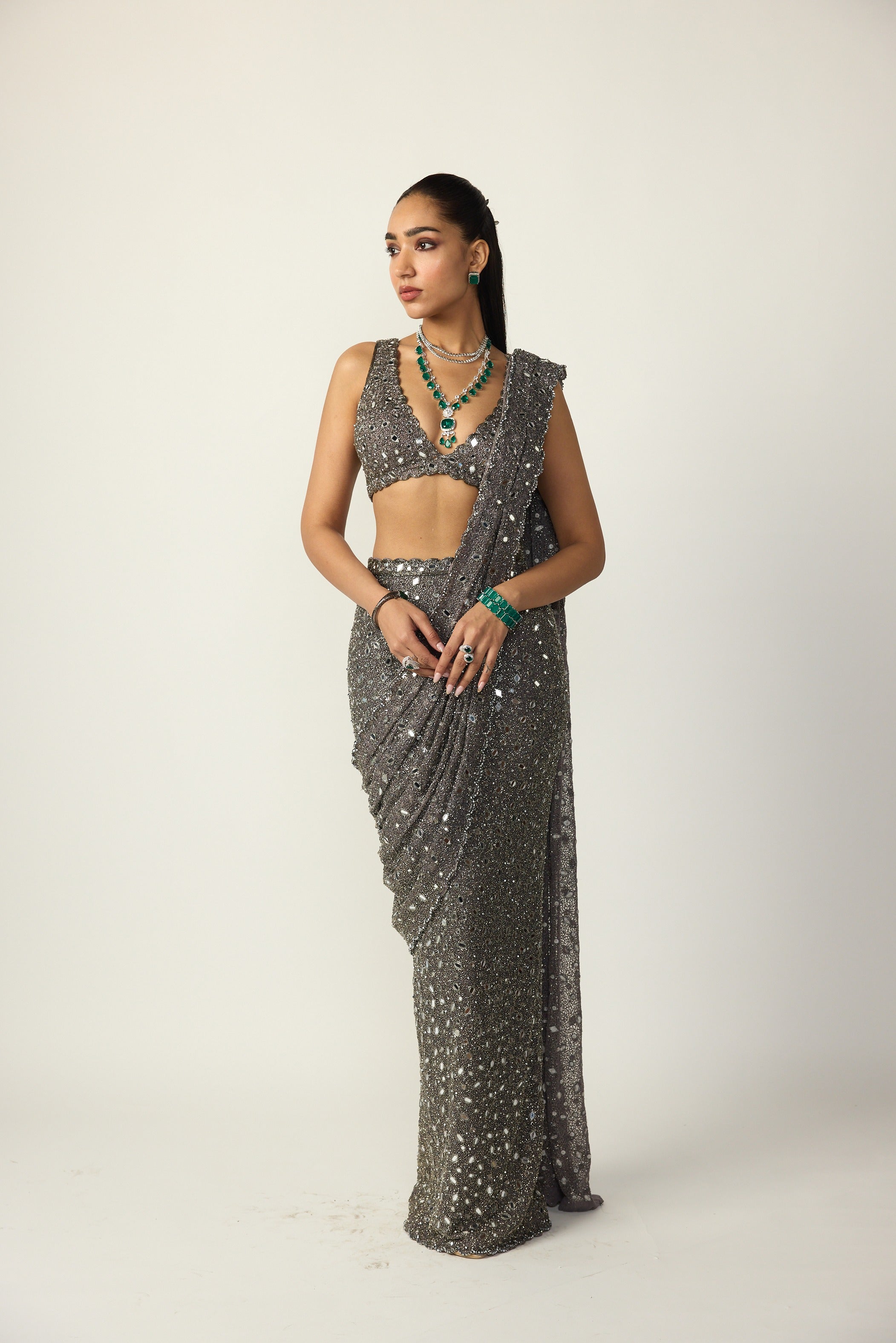 Metallic Grey Draped Saree Set