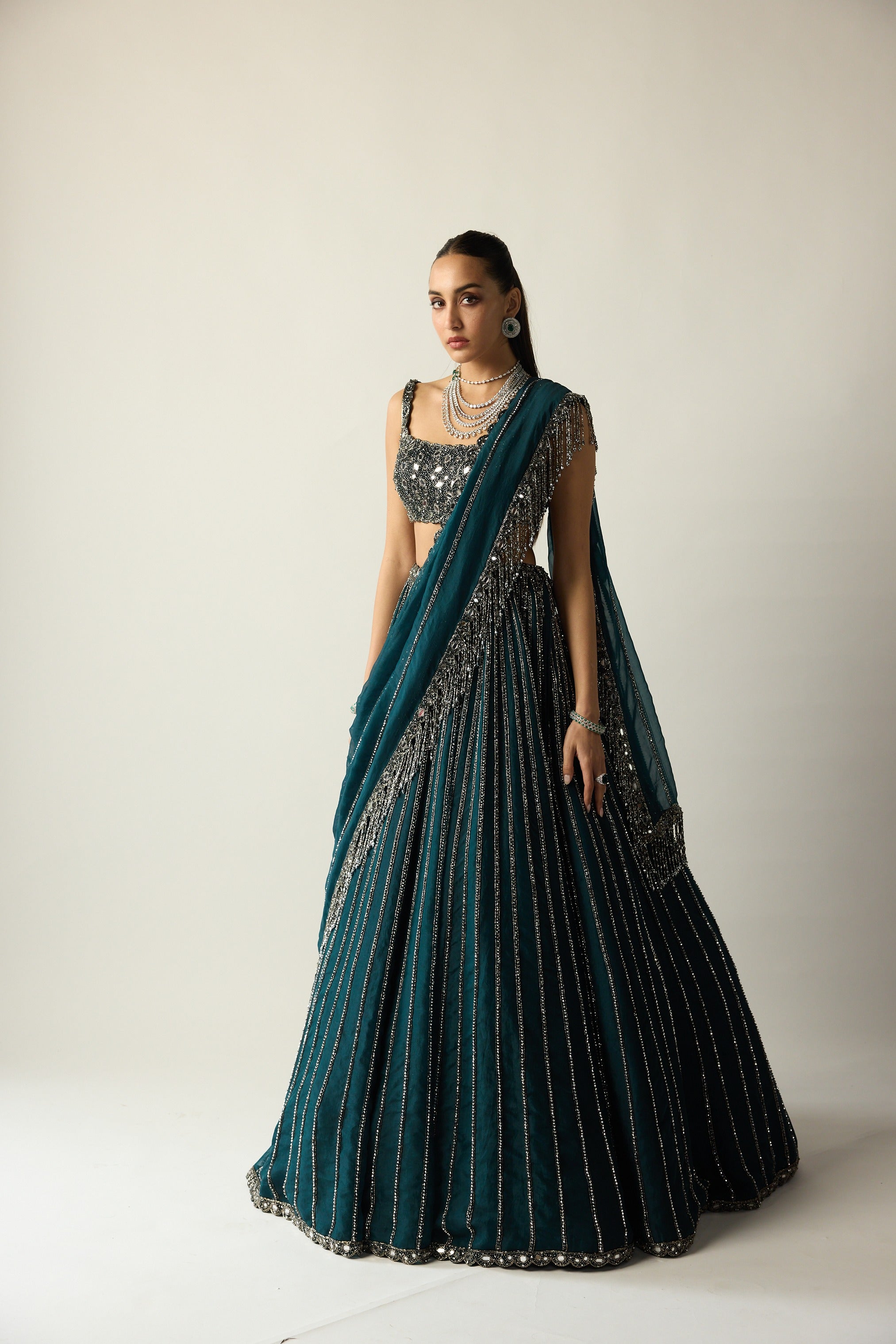Dark Teal Linear Lehenga Set