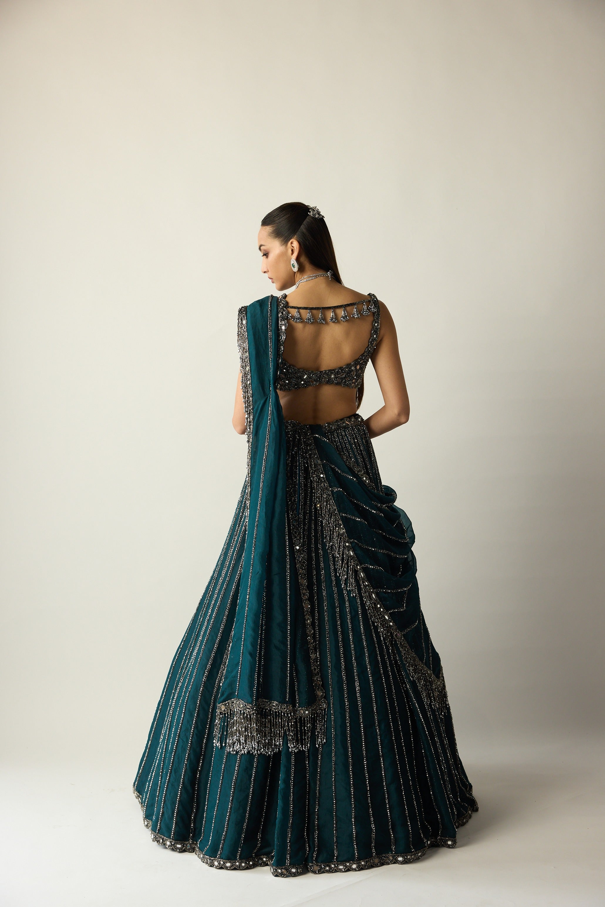 Dark Teal Linear Lehenga Set