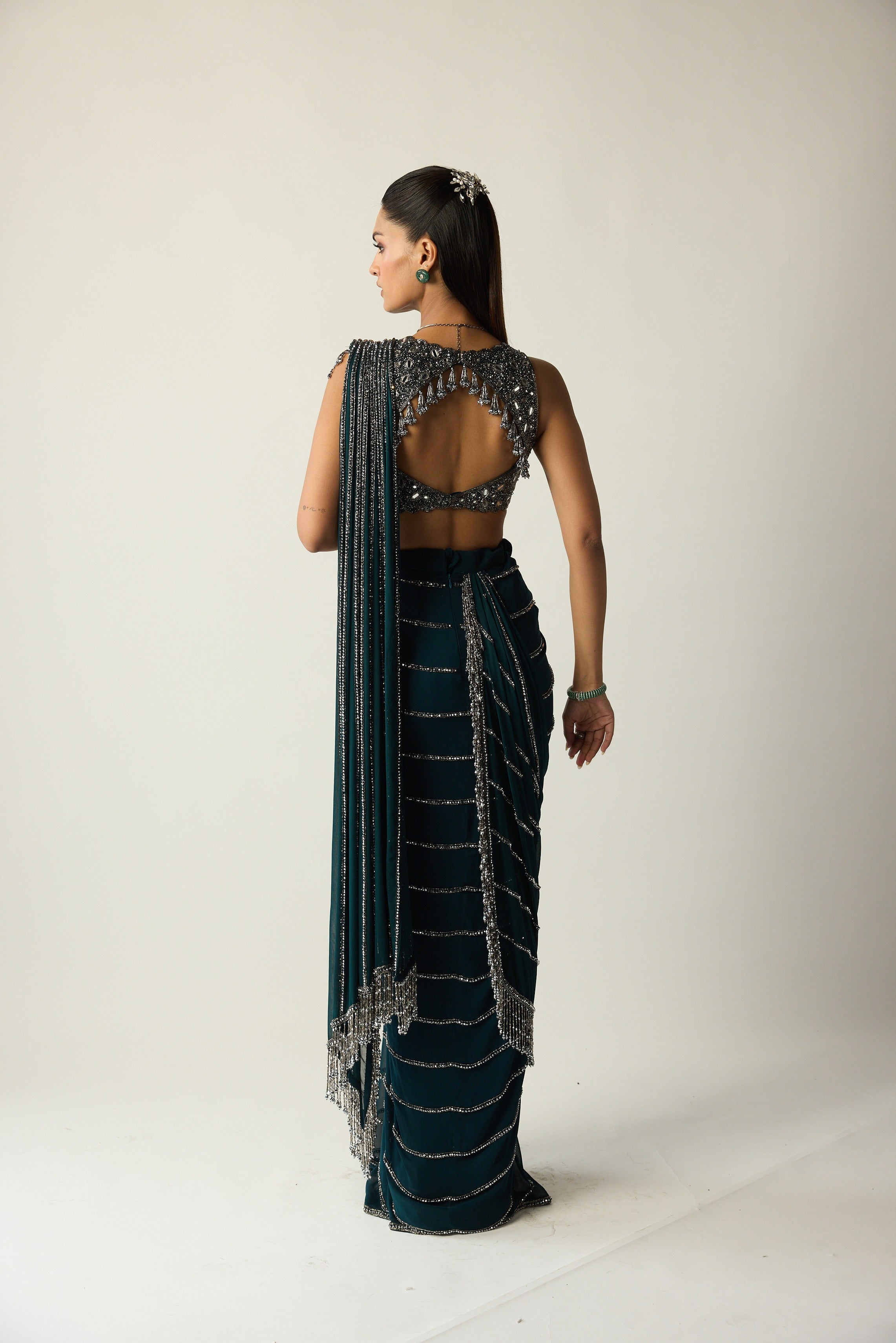 Dark Teal Linear Draped Saree