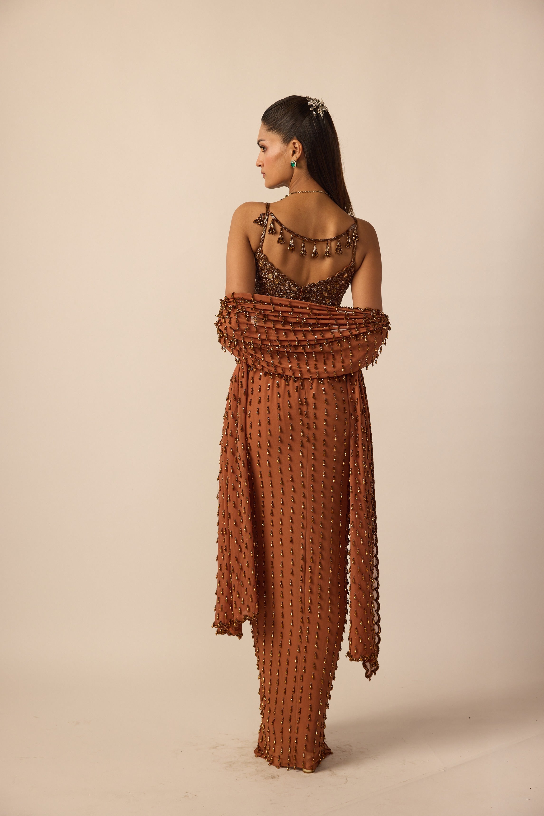 Metallic Copper Single Drop Saree Set