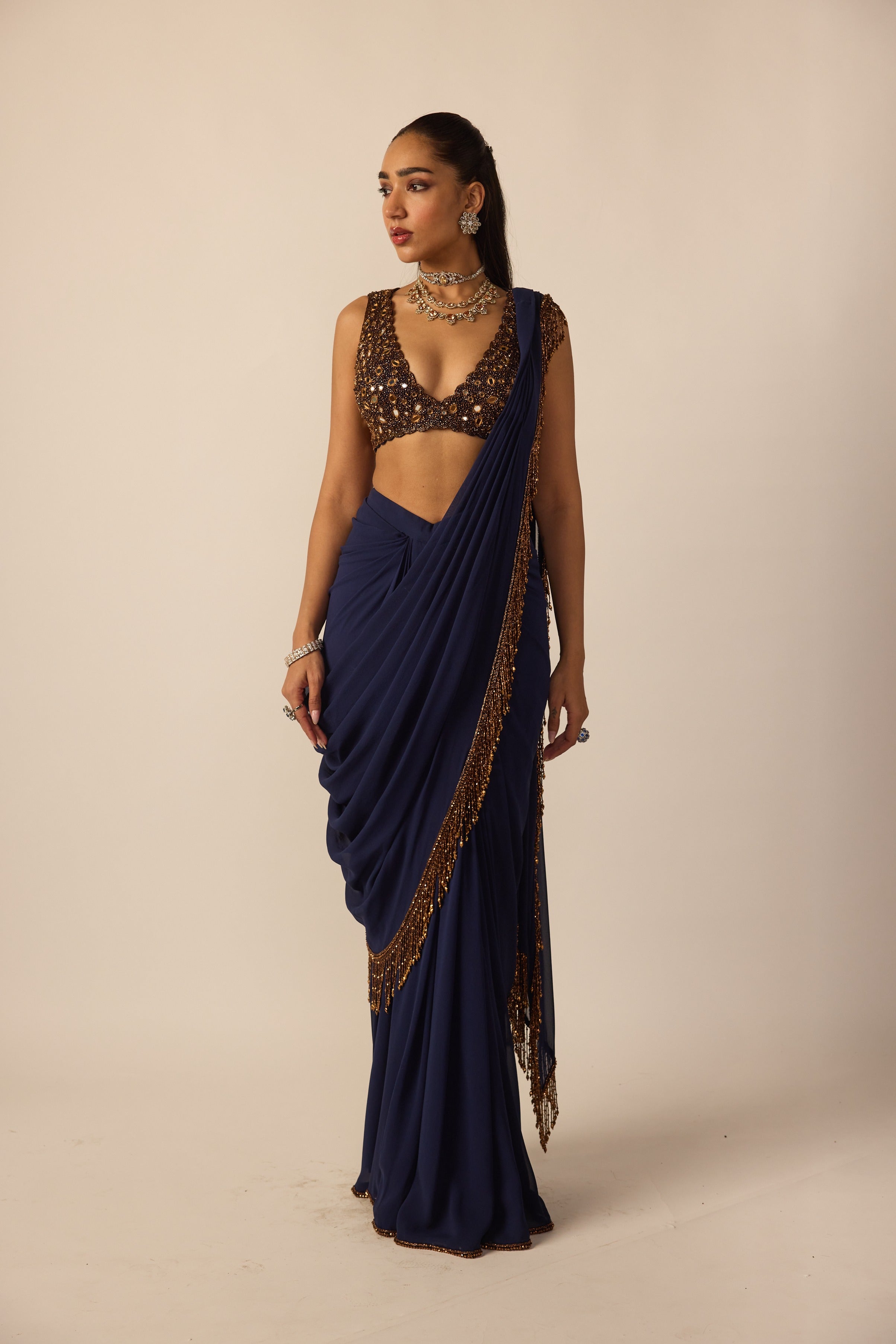 Deep Blue Georgette Tassel Saree
