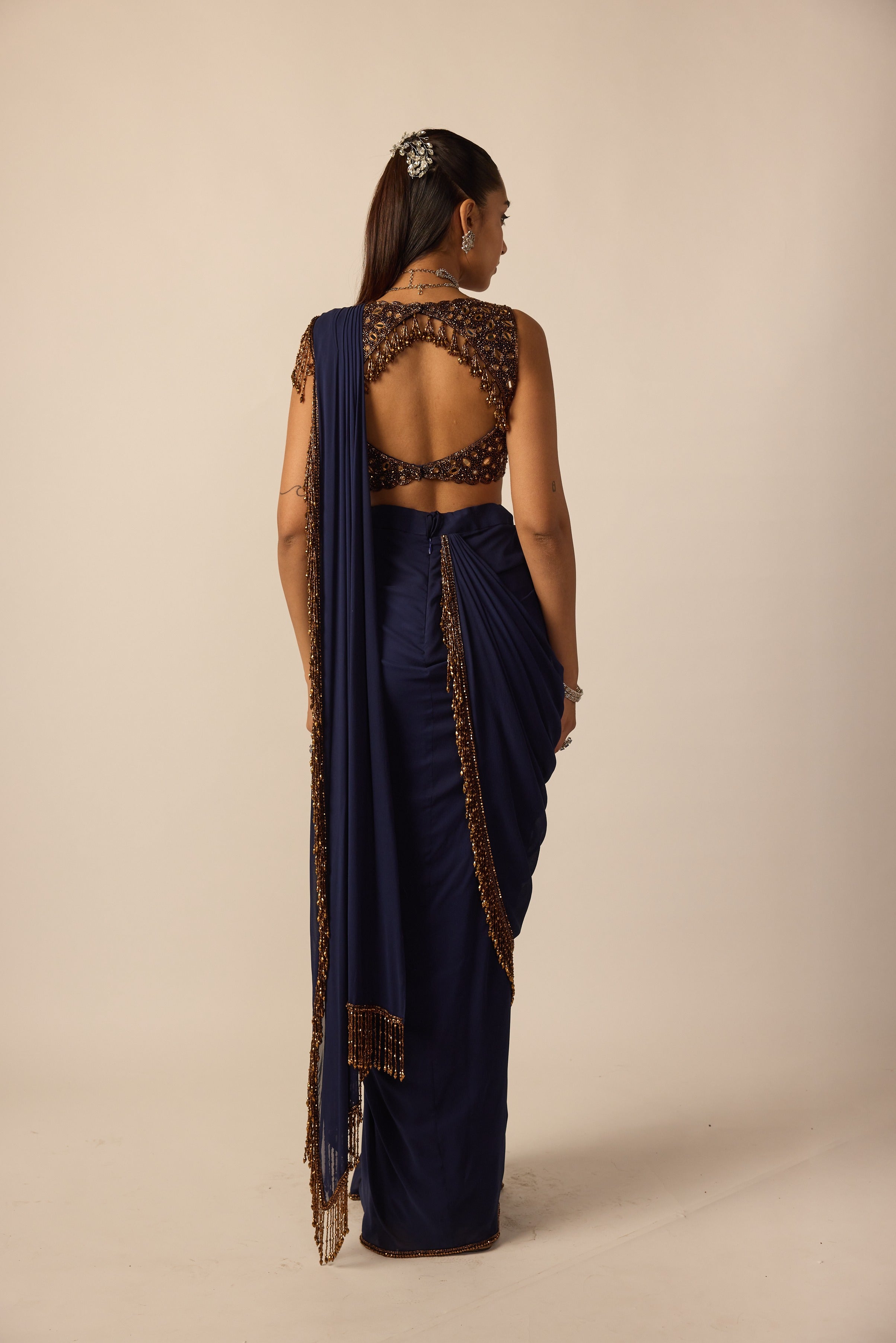 Deep Blue Georgette Tassel Saree