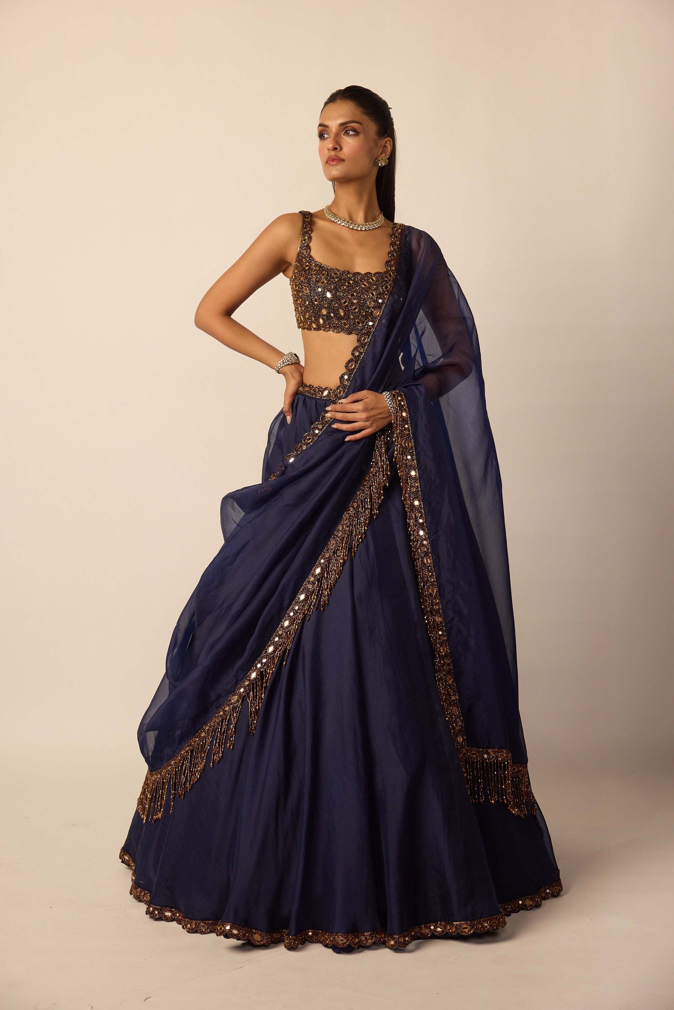 Deep Blue Tassel Dupatta Lehenga Set