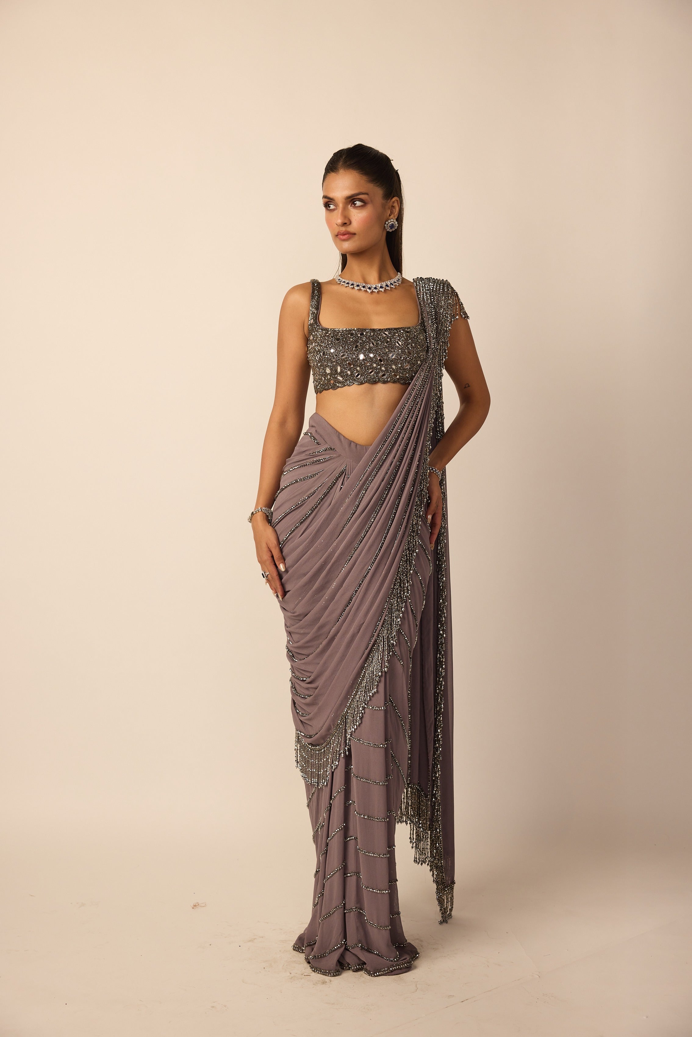 Metallic Grey Linear Draped Saree
