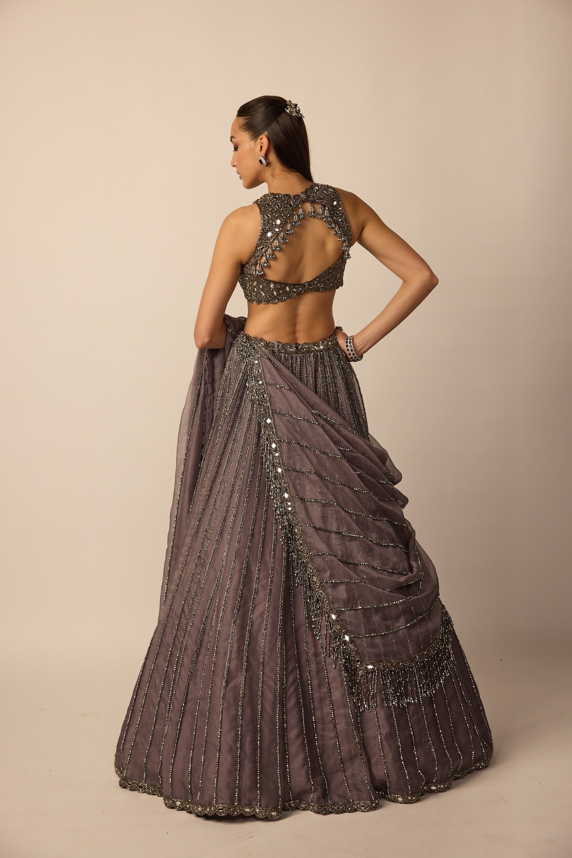 Metallic Grey Linear Lehenga Set