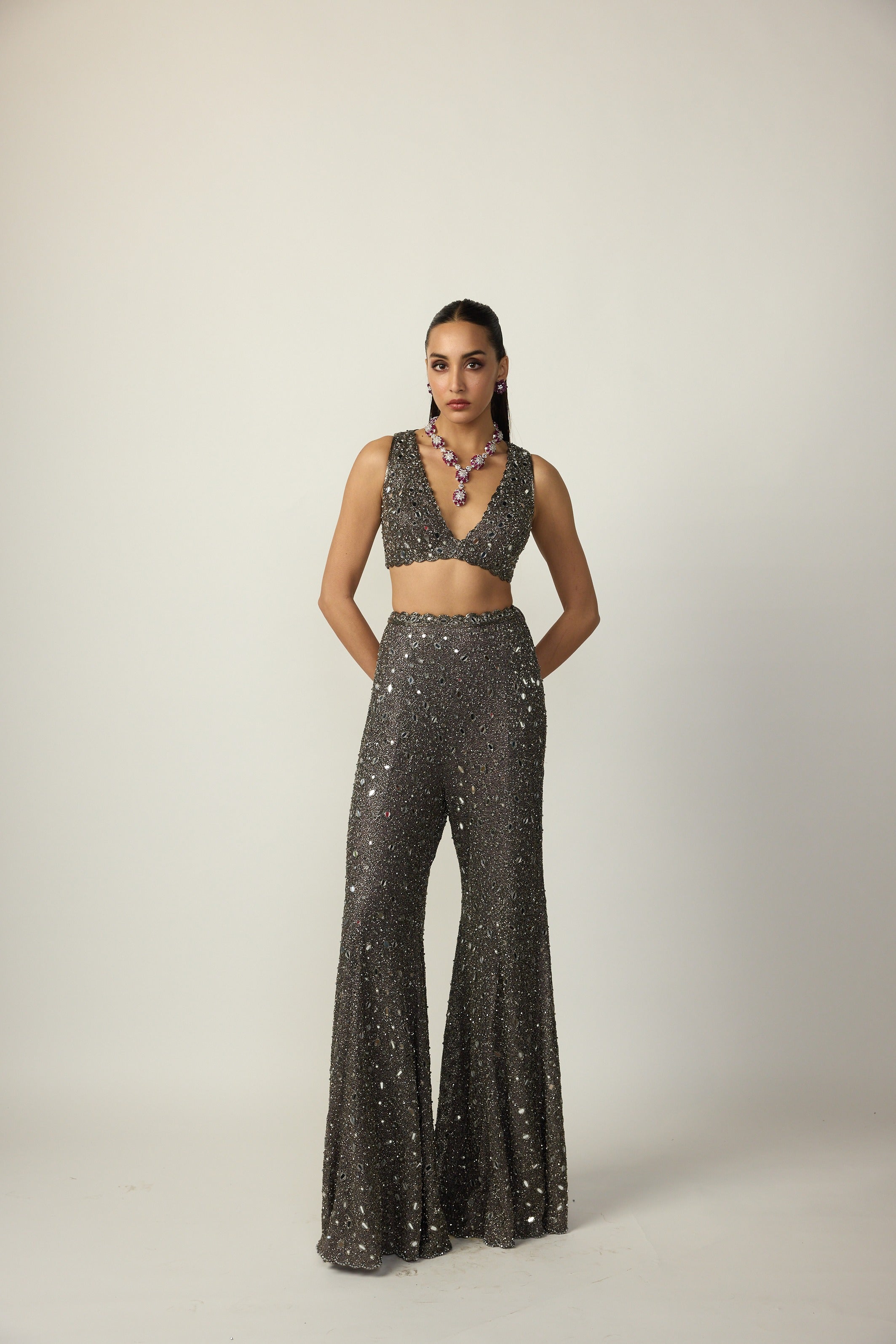 Metallic Grey Blouse Sharara Pant Set