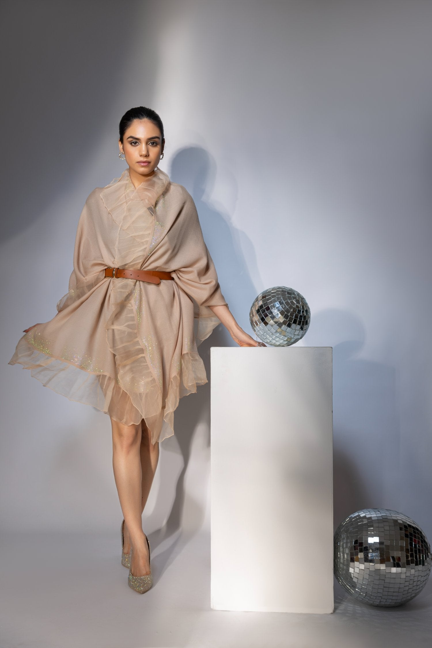 Beige Ruffle Shawl With Swarovski, Ideal Shawl For Gown