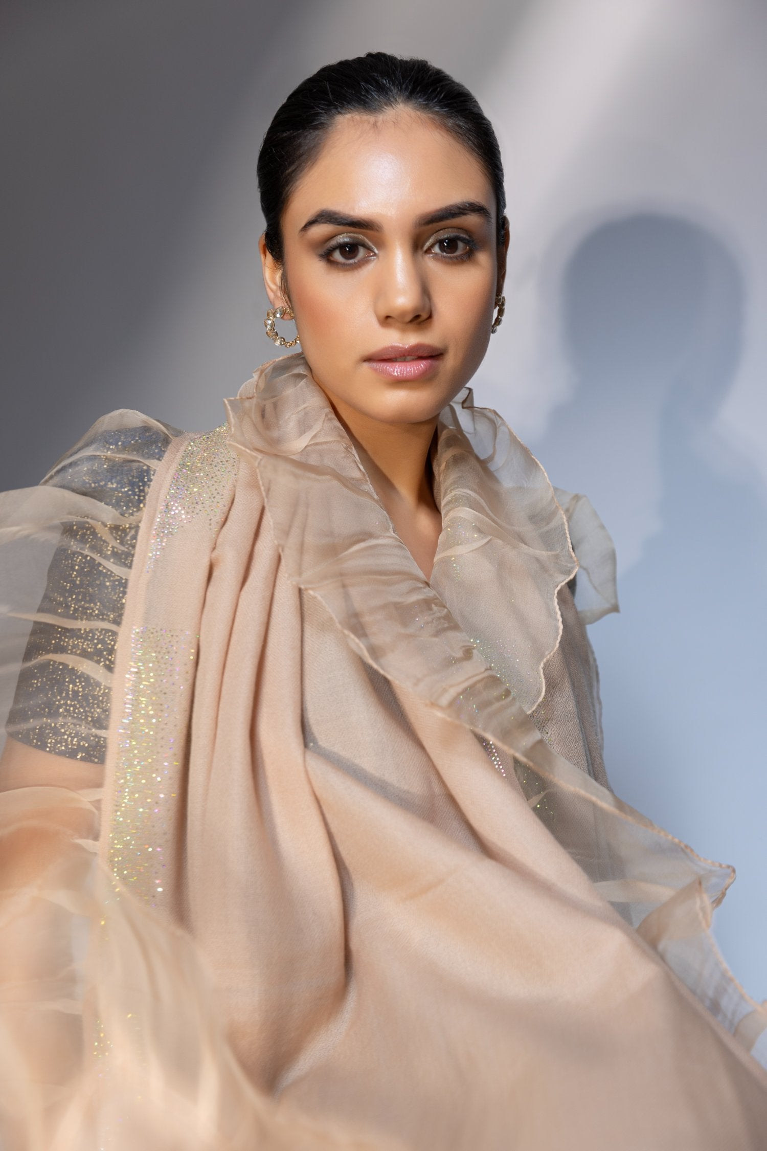 Beige Ruffle Shawl With Swarovski, Ideal Shawl For Gown