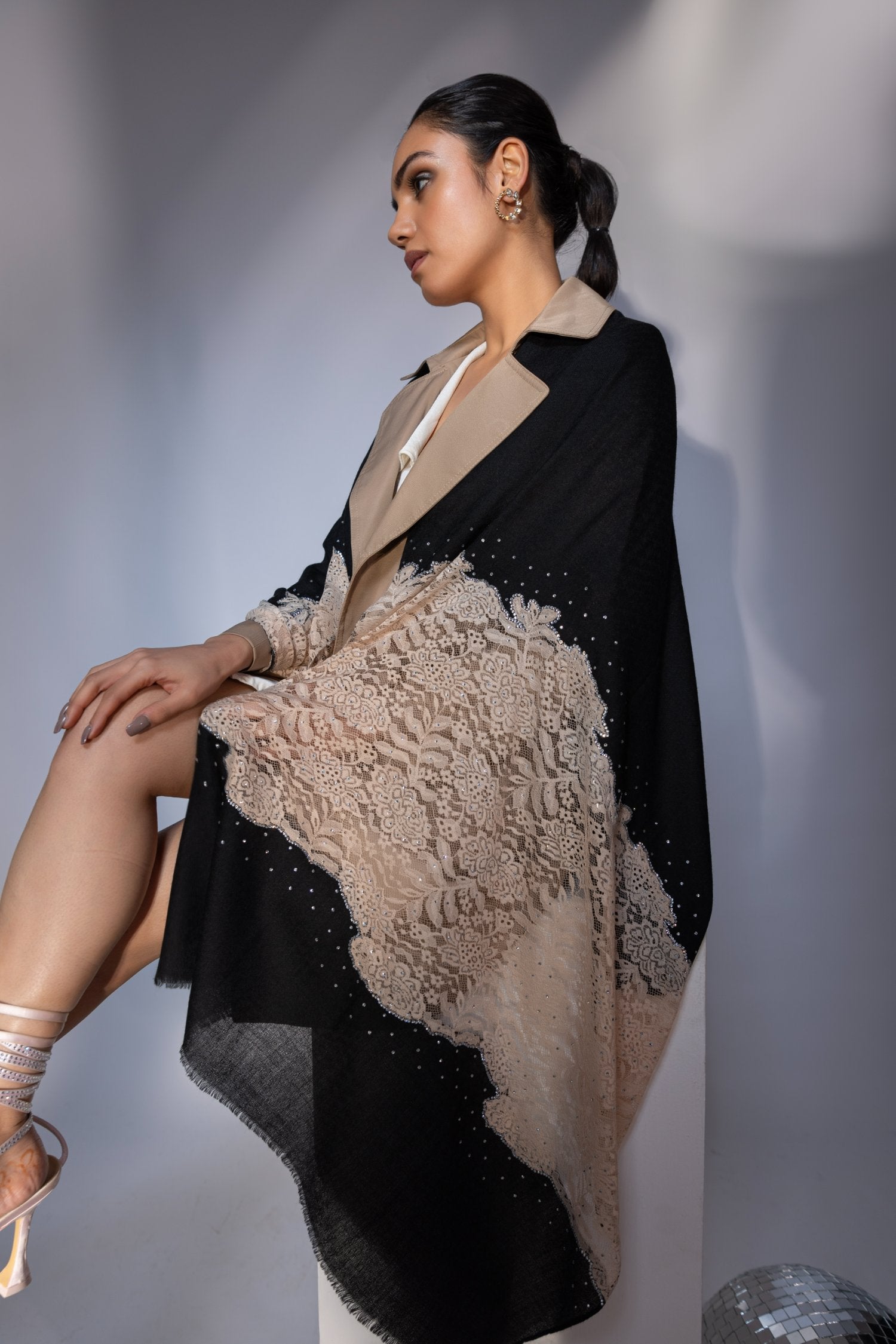 Black Shawl For Dress, Ideal Party Shawl With Lace And Swarovski