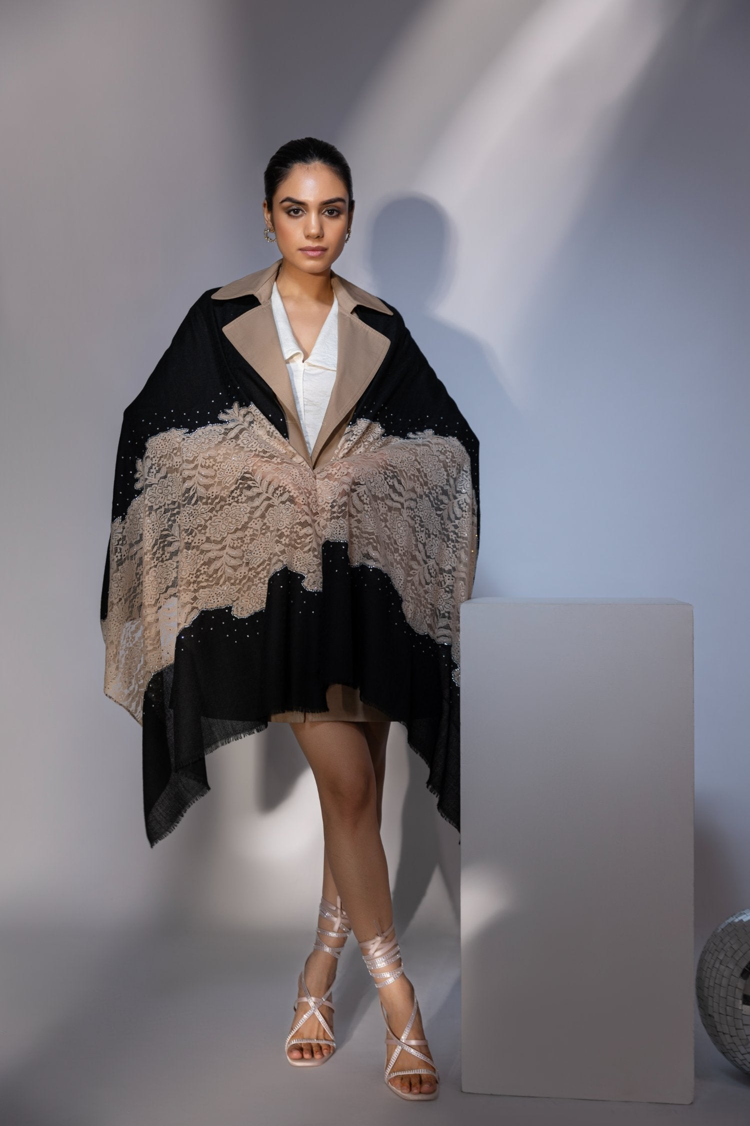 Black Shawl For Dress, Ideal Party Shawl With Lace And Swarovski