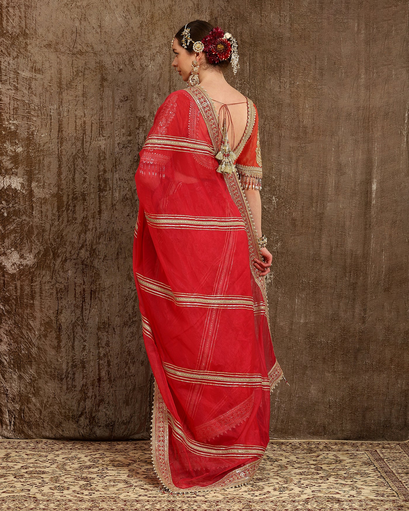 Rani Pink & Red Gota Leheriya Saree & Blouse Set