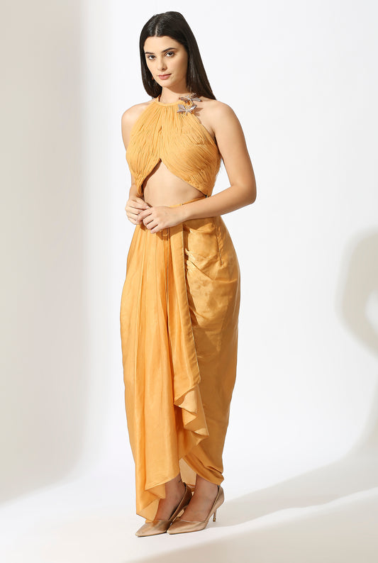 Mustard Embroidered Skirt Set With Drape