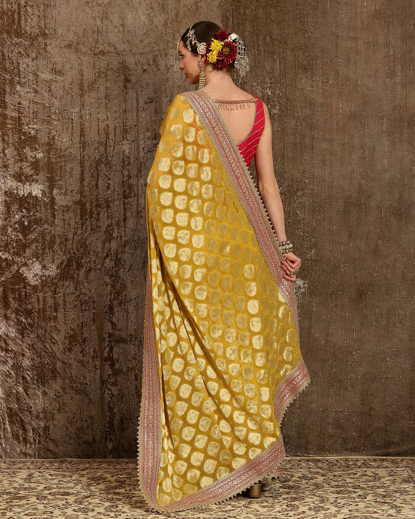 Yellow & Rani Pink Saree & Blouse Set