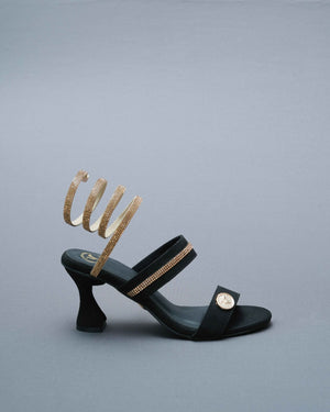 Open Toe Black Heels with Champagne Gold Spring