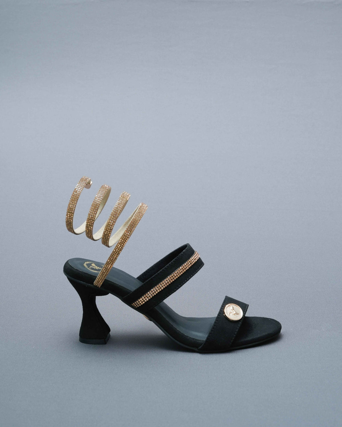 Open Toe Black Heels with Champagne Gold Spring
