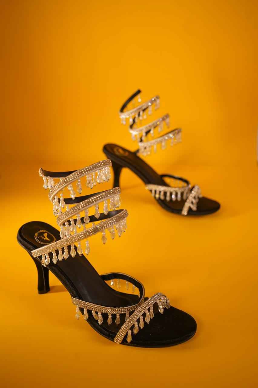 Black Silver Spring With Emblishment Heel Sandal