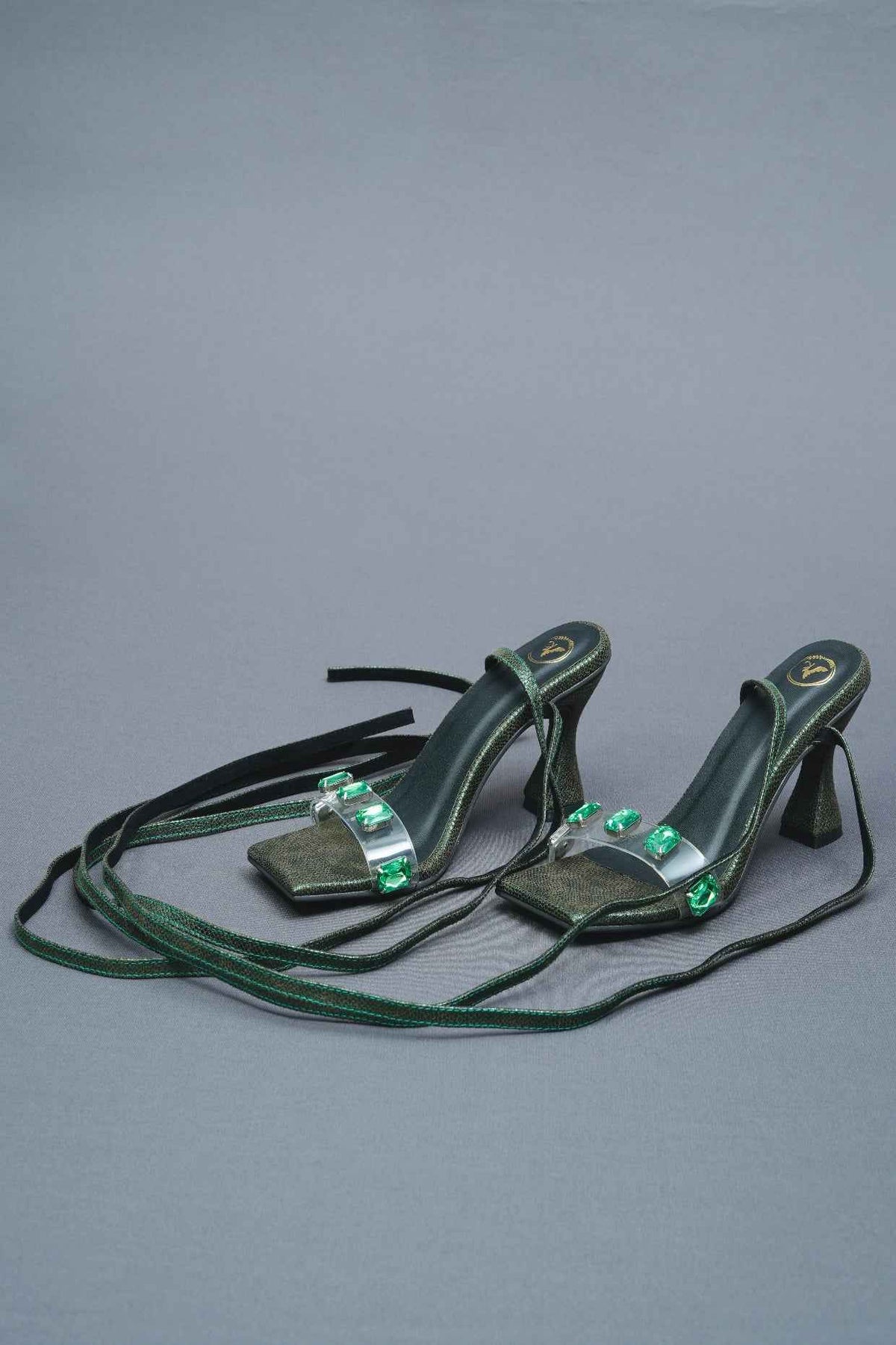 Open Toe Faux Leather Green Stones Tie Up Heels