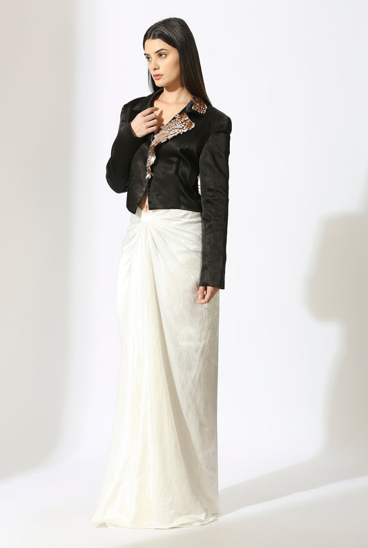 Black Embroidered Blazer With White Draped Skirt