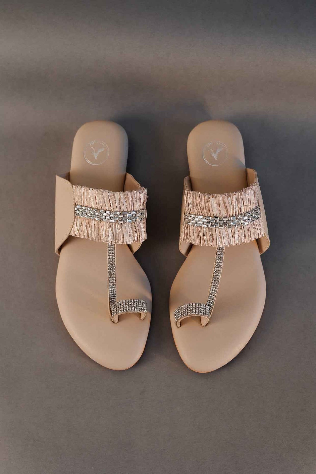 Beige Stringy Kolhapuri Open Toe Kitten Heel Sandal
