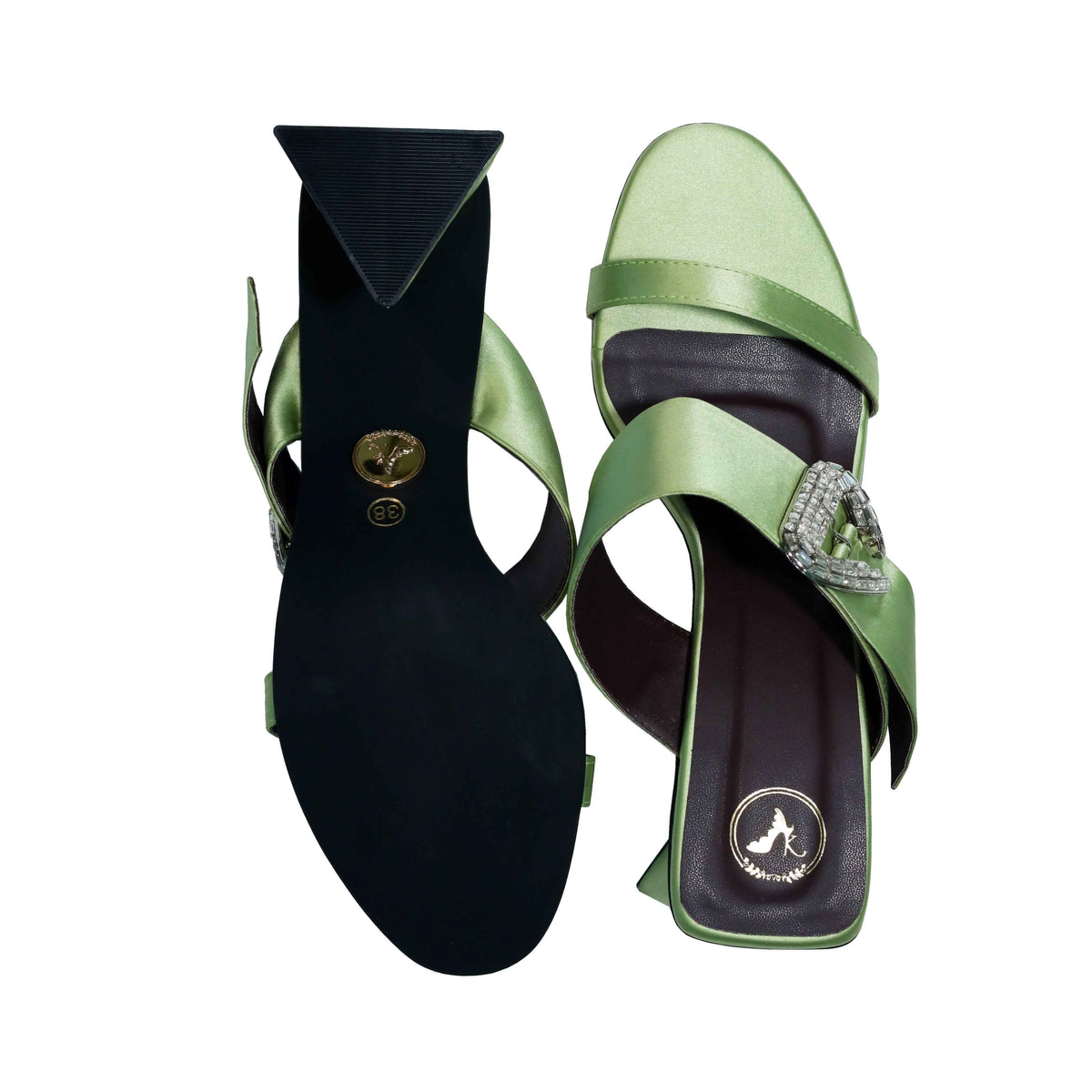 Green Open Toe Faux Leather Dazzle Pistacio Block Heel