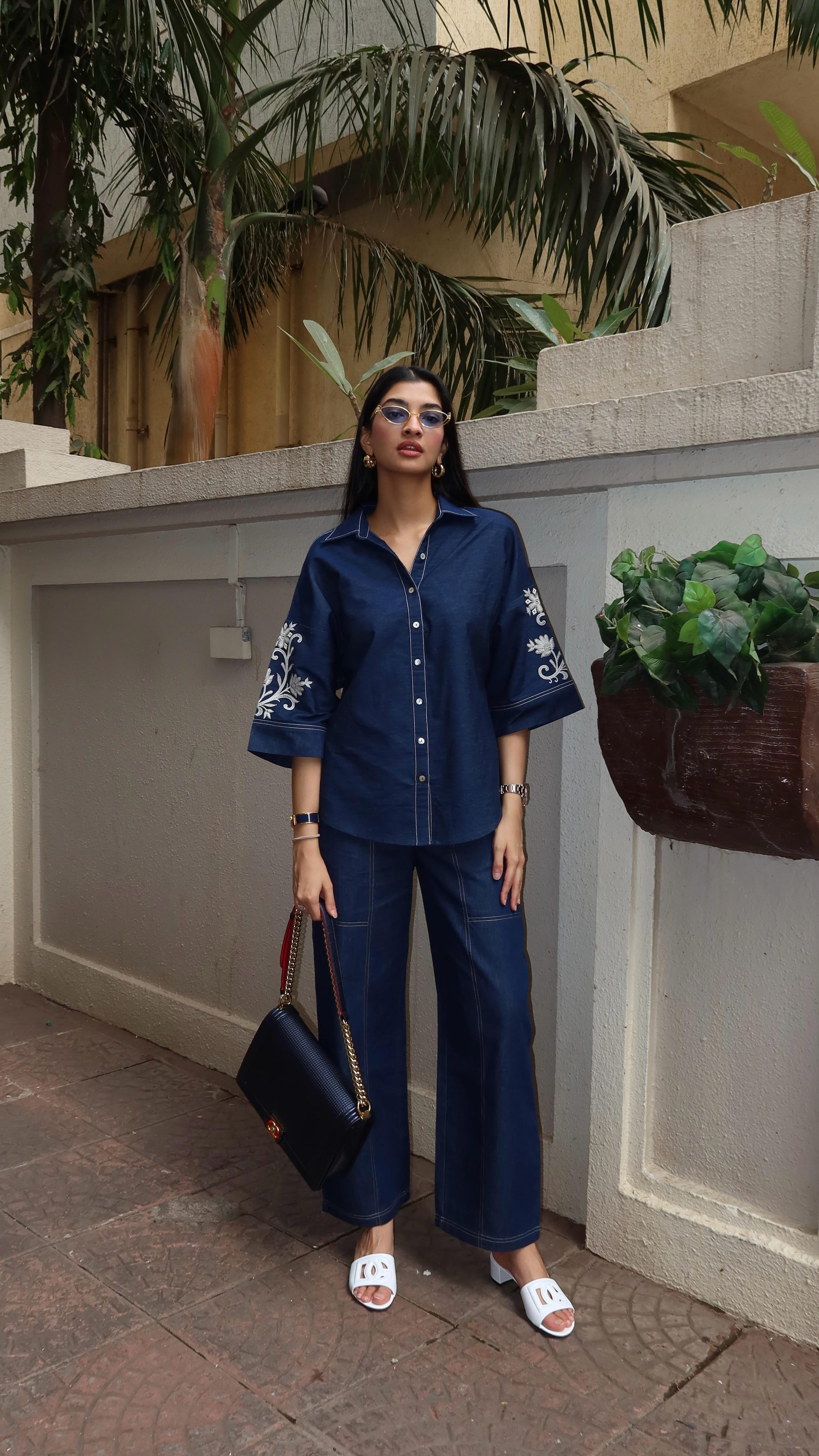 Noor Denim Embroidered Coord Set- Inching India