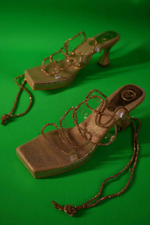 Champagne Gold Stringy Shoe Lace Elevated Heel Sandal