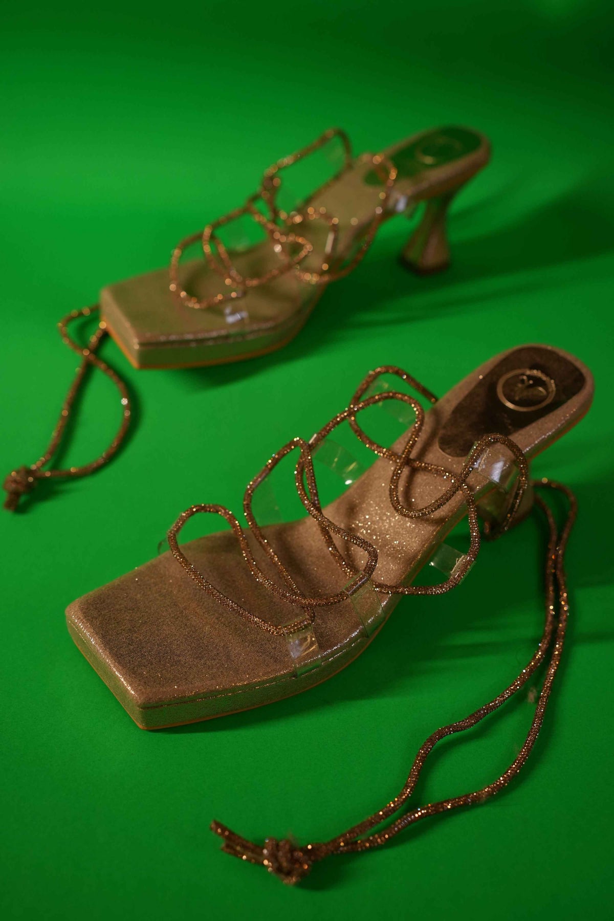 Champagne Gold Stringy Shoe Lace Elevated Heel Sandal