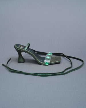 Open Toe Faux Leather Green Stones Tie Up Heels