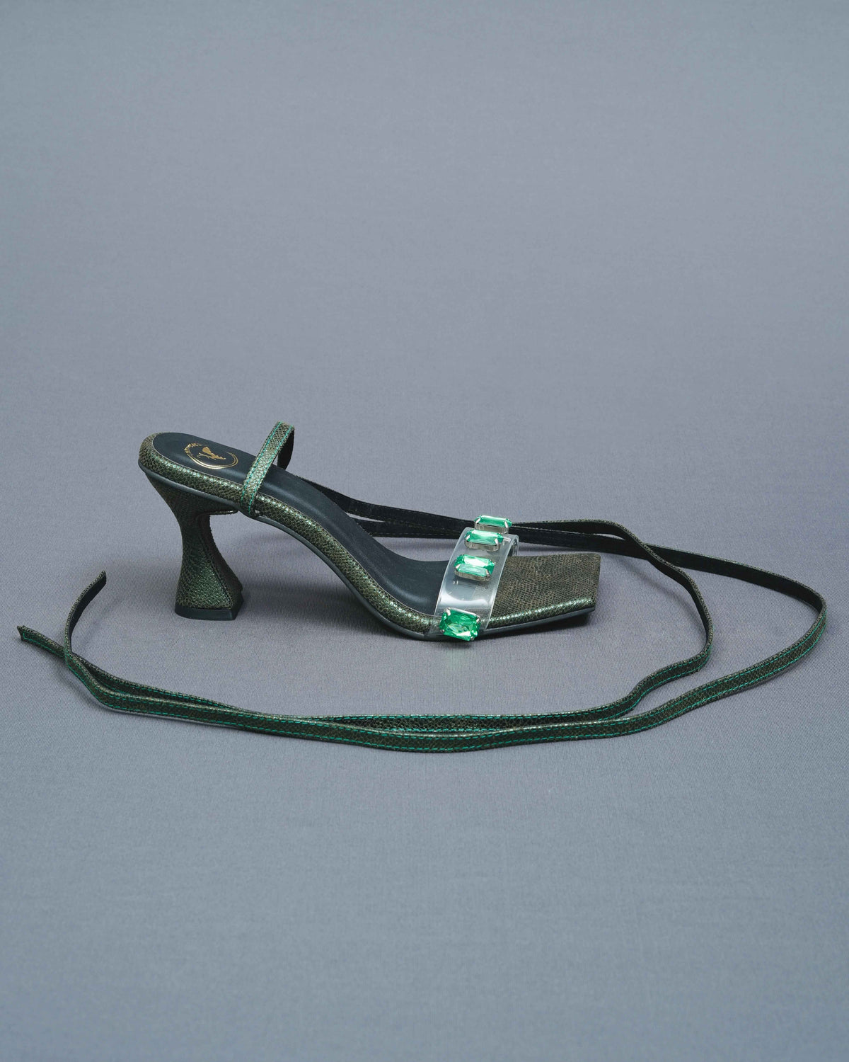 Open Toe Faux Leather Green Stones Tie Up Heels