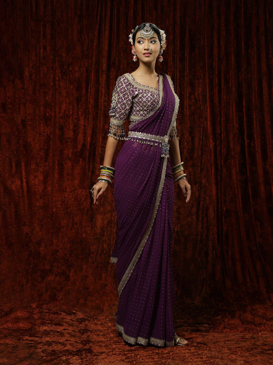Purple Saree, Blouse & Belt Set